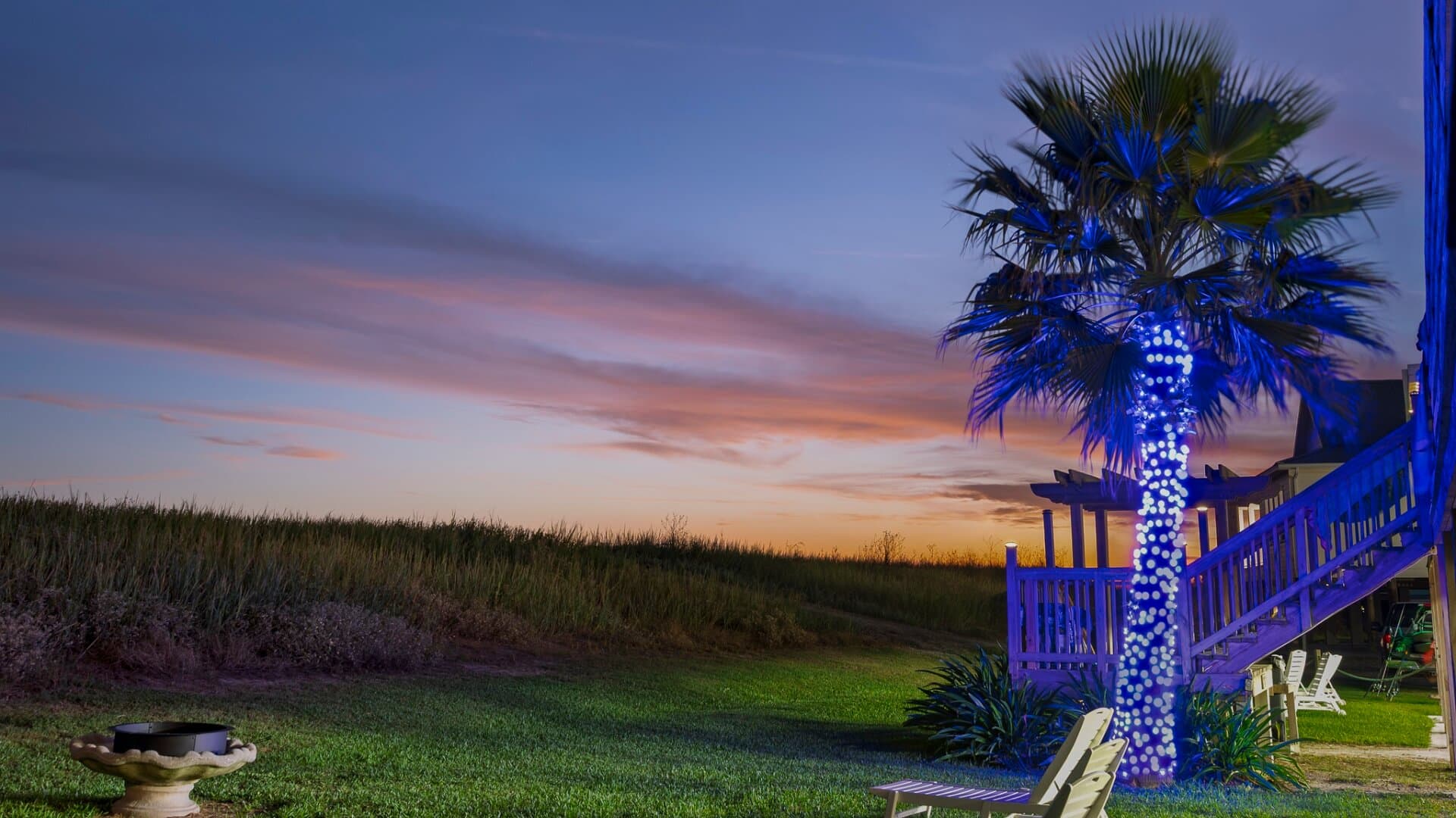 A palm tree wrapped in blue lights stands beside a wooden deck at sunset, with a grassy field in the background.