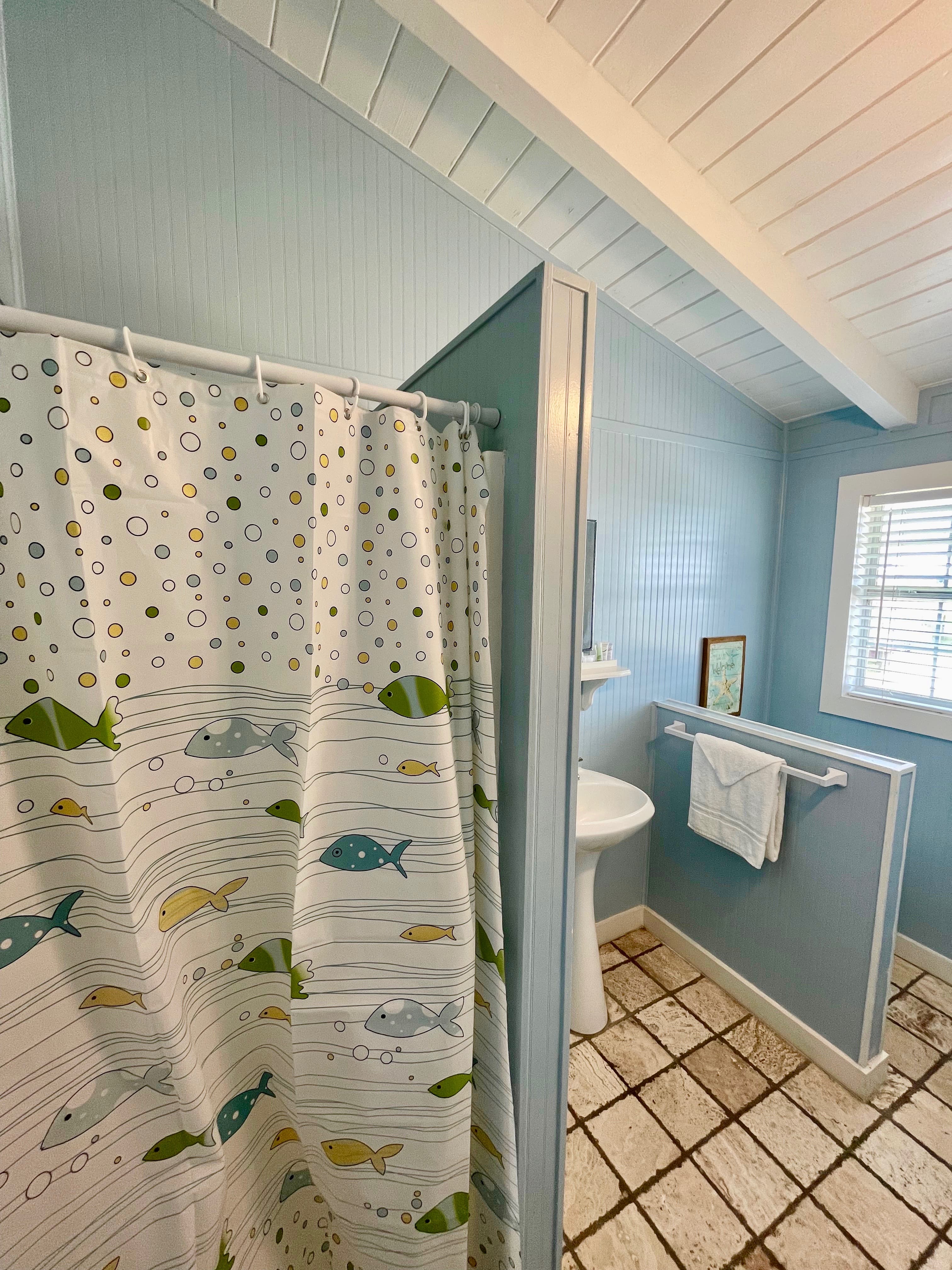 A brightly lit coastal bathroom with light blue walls, a pedestal sink, and a shower curtain featuring a fish pattern.
