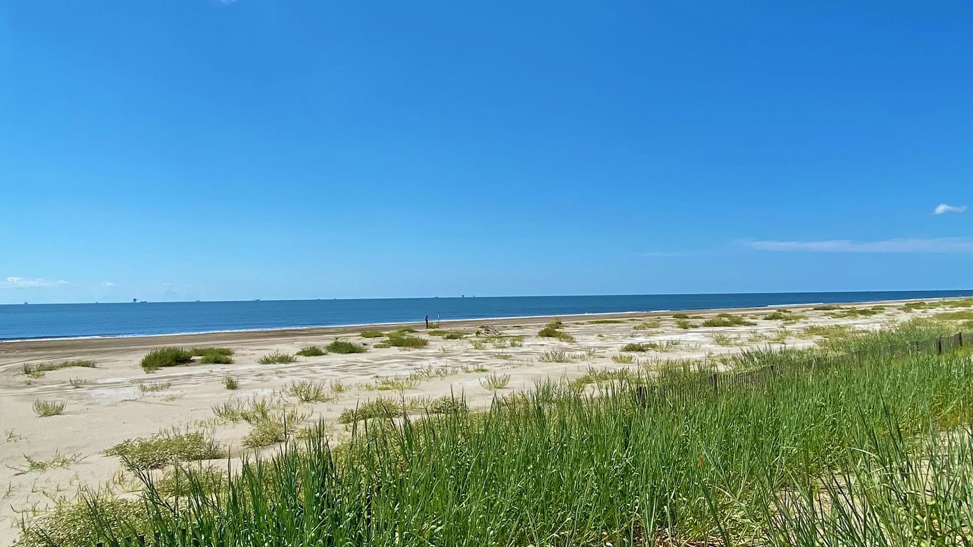 A sandy beach with sparse grass and a clear blue sky.