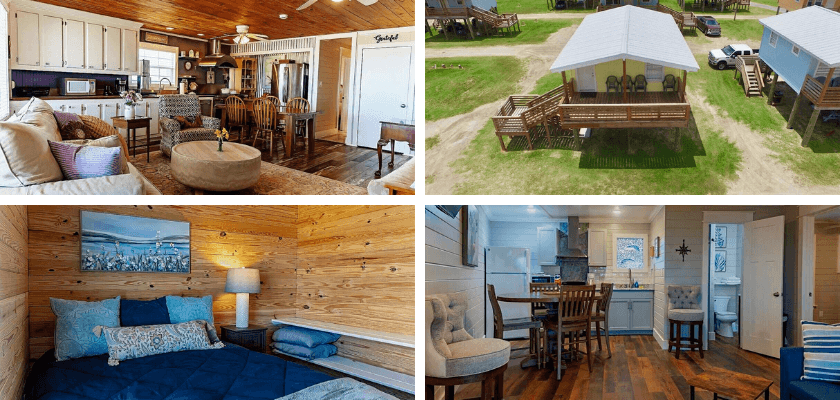 Collage of a cozy cabin interior featuring a living area, bedroom, kitchen, and exterior view.