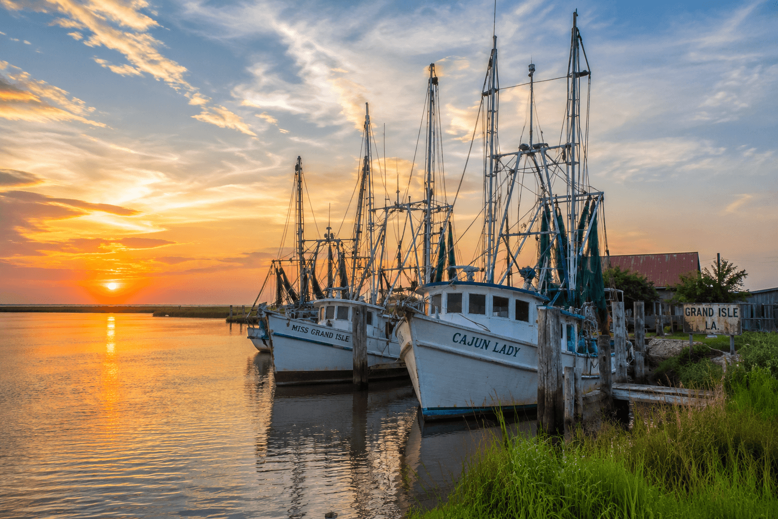 Colorful shrimp boats lined along a bayou in Grand Isle, Louisiana near Blue Dolphin Inn & Cottages, reflecting the island's rich commercial fishing heritage at sunset.